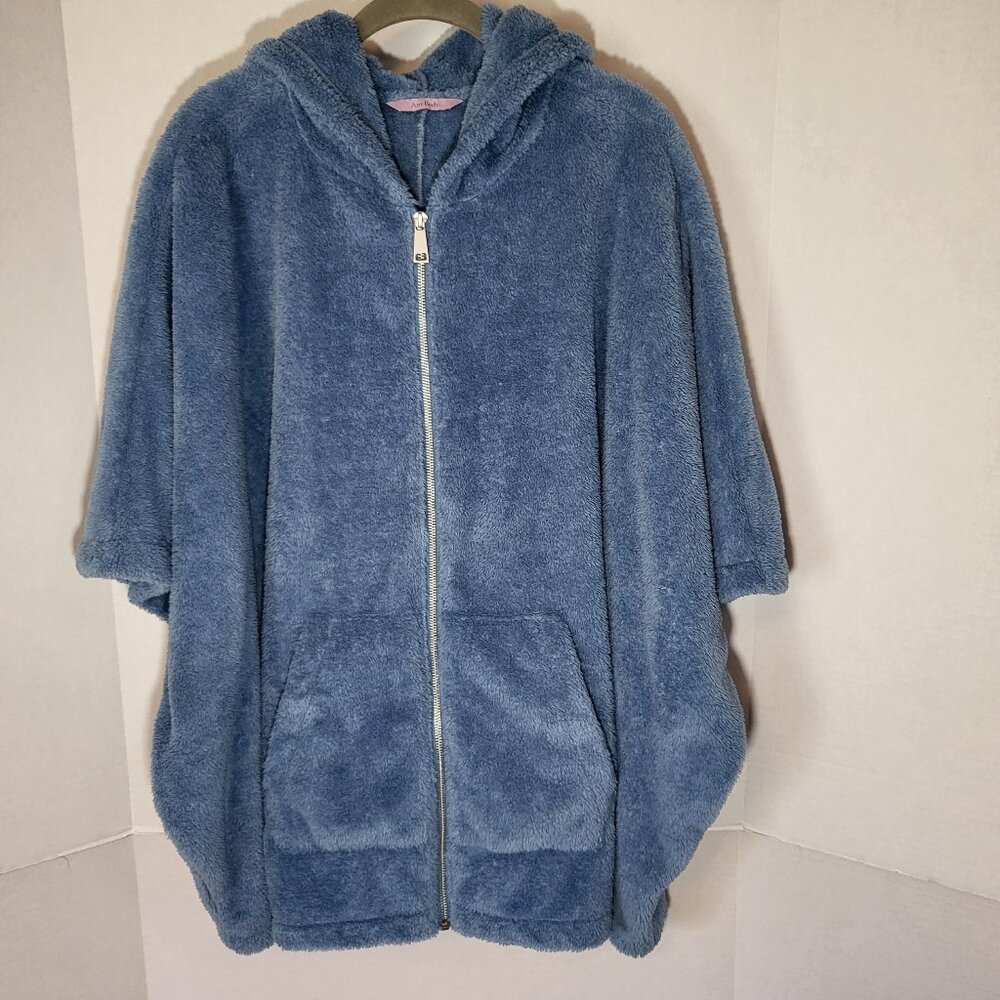 AnyBody Women's Hooded Plush Zipper Front Poncho Size XL/1X Blue